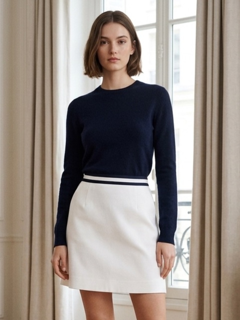 Celine White Cotton A-Line Mini Skirt Navy Stripe Waist EU 40
